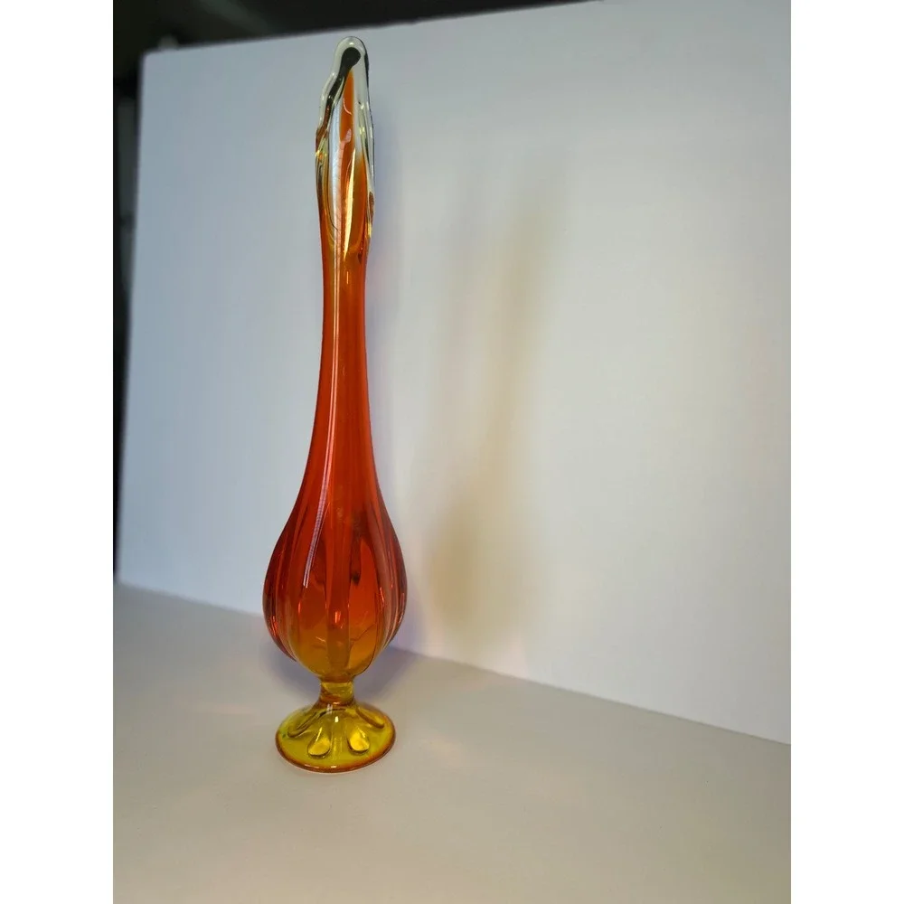Viking Glass Swung Vase Persimmon Orange Yellow 6 Petal Footed MCM 16.5 Inch